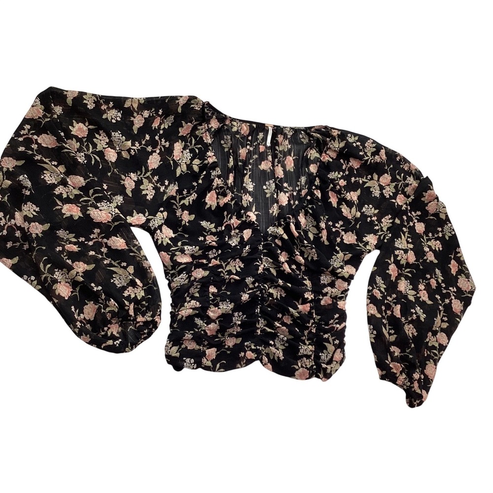 Free People Floral Sheer Blouse Smocked Waist Boho Romantic Peasant‎ Top S